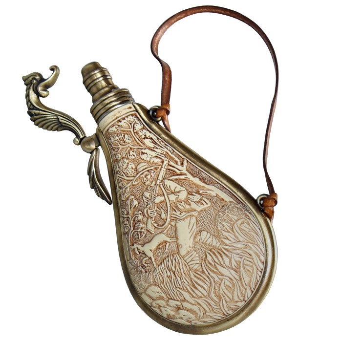 Kolser, Pulverflasche, mit Jagdmotiv und Lederschur zum aufhängen